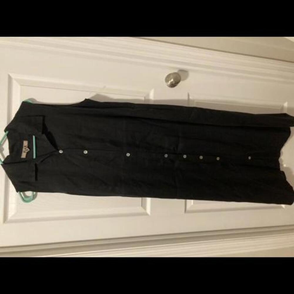 Flax Women's Black Collared Button Up Sleeveless Long 100% Linen Dress Medium